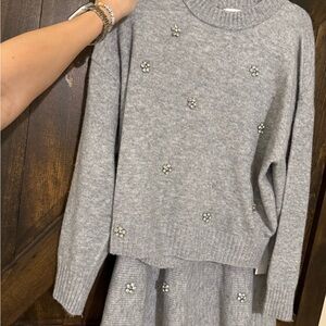 Gray Embellished Knit Skirt Set